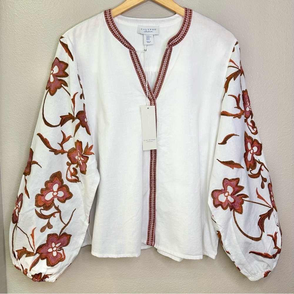 NWT Calypso St Barth Linen Cotton Blend Floral Embroidered Balloon Sleeve Blouse - Picture 8 of 8